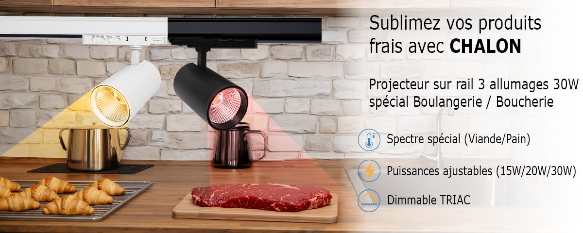 CHALON – Projecteur sur rail 3 allumages 30W dimmable Triac spécial Boulangerie/Boucherie de marque IDELED